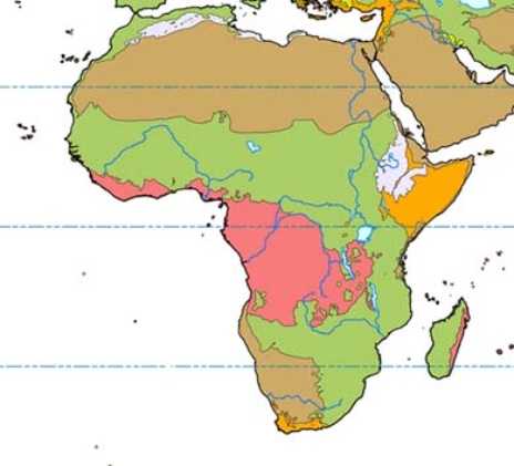 In the map below, green represents   A) subtropical scrub and woodland. B) desert. C) rain forest. D) grassland.