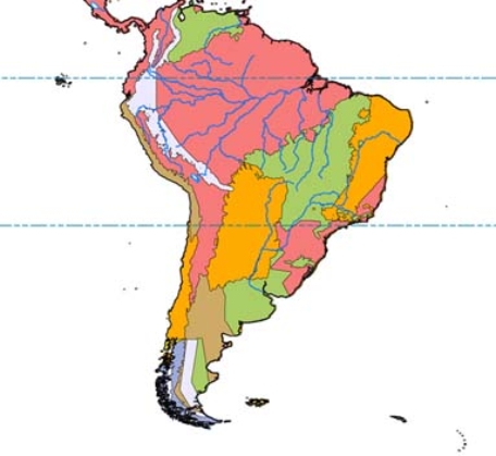 In the map below, orange represents   A) subtropical scrub and woodland. B) desert. C) rain forest. D) grassland. 