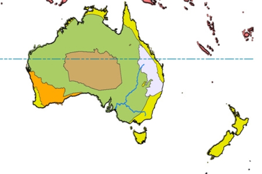 In the map below, brown represents   A) subtropical scrub and woodland. B) desert. C) rain forest. D) grassland.