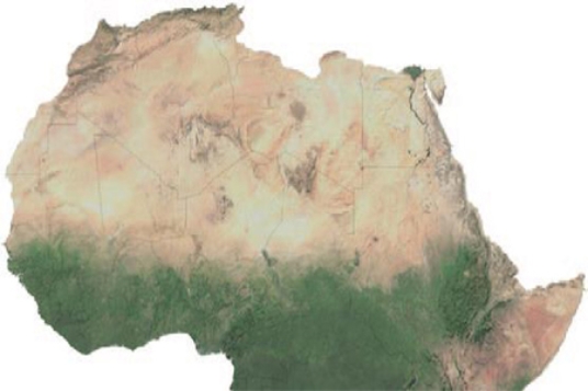 The semiarid area shown in the figure below, between the green and the tan areas is known as the   A) Mojave. B) Outback. C) Sahel. D) Sonoran.