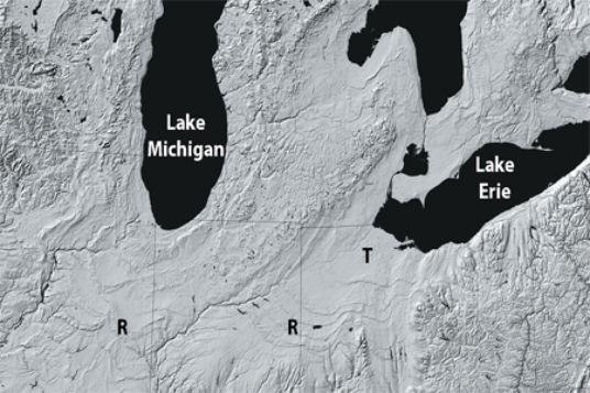 What is the origin of smooth troughs (T on this figure) cutting across the landscape in the Great Lakes area?   A) The areas were covered by soft marine sediments. B) A huge flood coming from Iowa flowed toward the Great Lakes. C) Glaciers carved the smooth troughs. D) All of these.