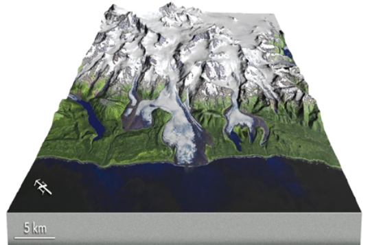 What type of glacier is shown below on the gently sloping land near the coastline?   A) tropical coast glacier B) shoreline glacier C) piedmont glacier D) continental ice sheet