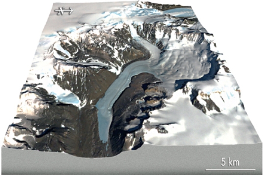 What type of glacier is shown in the center of this image?   A) ribbon glacier B) valley glacier C) low-elevation glacier D) high-elevation glacier