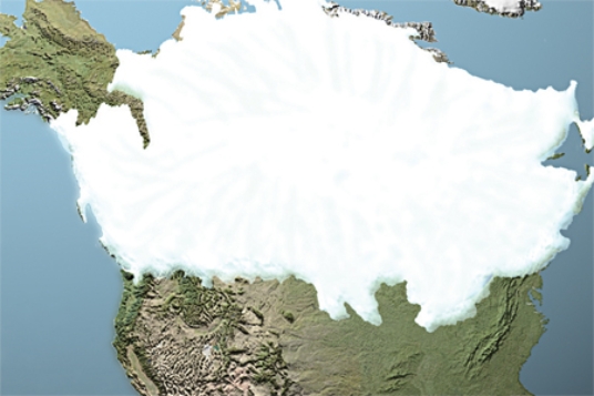 In the map below, the two ice sheets shown are called the   A) Cordilleran in the west and Laurentide in the east. B) Laurentide in the west and Cordilleran in the east. C) Yukon in the west and Aftonian in the east. D) Sangamon in the west and Icelandic in the east.