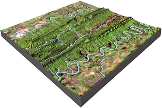 What is the mostly likely setting for this drainage pattern?   A) The rocks have a relatively equal resistance to erosion. B) Drainages have followed a series of fractures that branch off of one another. C) The area has folded or faulted rocks with different resistances to erosion. D) A volcano once existed here but has been partly eroded away.