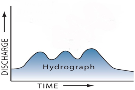 What is a reasonable interpretation for the flow event recorded by this hydrograph?   A) there were two pulses of runoff because there were two storms B) the drainage basin has several distinct parts C) one pulse could be due to snowmelt and the other to rain D) All of these.