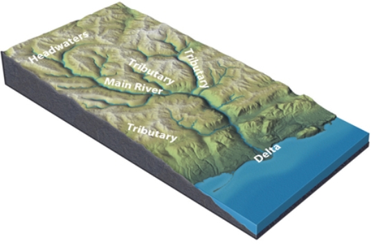 What typically happens when tributaries join the main river?   A) channel size increases B) water velocity increases C) the amount of discharge increases D) total sediment load increases E) All of these.