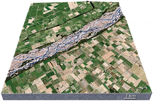 What type of stream is shown in this figure?   A) meandering stream B) braided stream C) a stream whose main channel has high sinuosity D) an esker