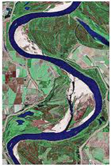 What type of stream is shown in this figure?   A) braided stream B) a stream whose channel has a low sinuosity C) meandering stream D) a stream that lacks point bars E) All of these.