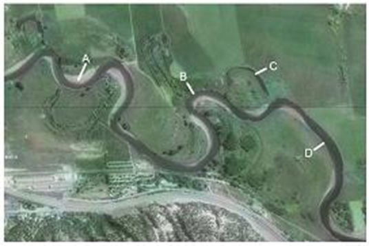 Which of the features on this aerial photograph is a point bar?   A) A B) B C) C D) D