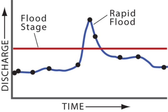 What can you conclude by comparing the left and right hydrographs, each of which depict the same amount of time?     A) The left diagram has a higher peak discharge. B) The right diagram represents a quicker event, like a flash flood. C) Neither graph shows a true flood. D) None of these.