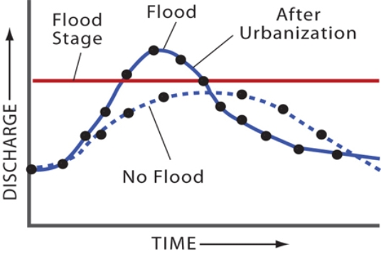 Comparing these two curves on this hydrograph, the solid curve could record   A) a shorter but more intense precipitation event. B) the response of the stream to urbanization. C) a more rapid spring snowmelt. D) All of these.