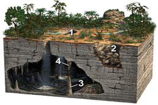 Which of these four numbered features on the surface or in a cave is a stalactite?   A) 1 B) 2 C) 3 D) 4 E) None of these.