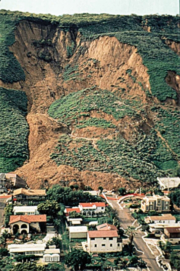 The landslide that destroyed La Conchita, as shown in this photograph, is probably   A) an example of creep. B) an earth flow. C) a rock fall. D) a rock avalanche.