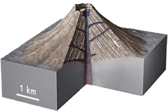 This relatively large, symmetrical volcano contains interlayered lava flow, pyroclastic deposits, and volcanic mudflows.What kind of volcano is it?   A) cinder cone B) shield volcano C) composite volcano D) volcanic dome E) caldera
