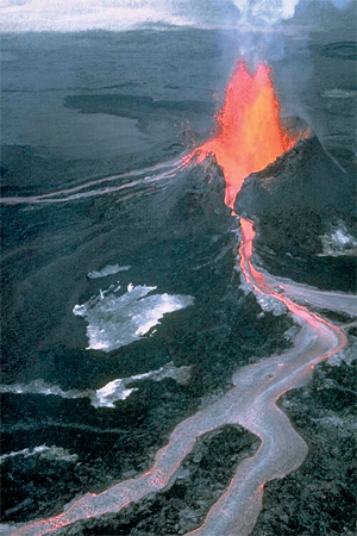 Which of the following are characteristics of actively erupting volcanoes?   A) Glowing orange lava flowing downhill. B) Fragments of molten rock blasting into the air. C) Billowing clouds of ash rising into the air. D) All of these.