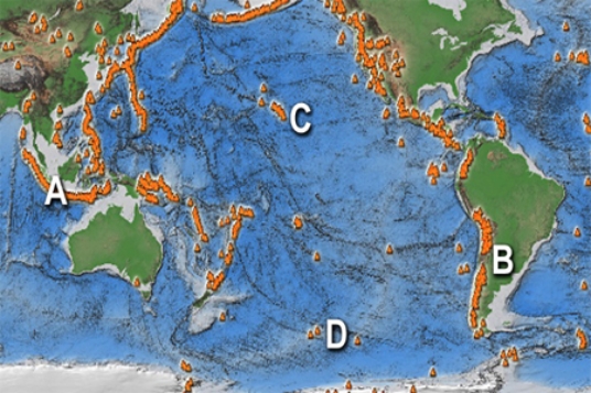 Which of the following sites would most likely have composite volcanoes? A is on an island arc, B is in the Andes, C is near Hawaii, D is along a mid-ocean ridge.   A) A and B B) B and C C) C and D D) A and C E) B and D