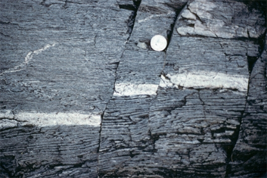 What type of deformation is shown in this photograph?   A) displacement B) rotation C) internal strain of the rock D) columnar joints