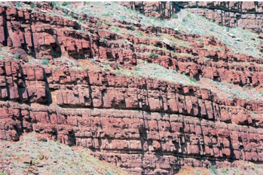 What types of structures are shown in this photograph?   A) joints B) normal faults C) reverse faults D) anticlines E) synclines