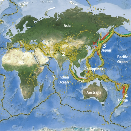 On this map of southeastern Asia and adjacent areas, which site would have earthquakes along a mid-ocean ridge?   A) 1, in the Indian Ocean B) 2, in Tibet C) 3, near Japan D) 4, near the Tonga island arc