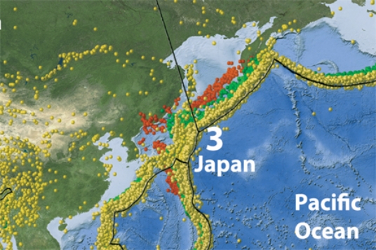 On this map of earthquakes near Japan, why do shallow earthquakes (yellow dots) occur to the east and deeper earthquakes (red dots) occur to the west?   A) the continental crust is thicker to the east B) the crust is hotter near Japan, closer to the volcanoes C) there is a continental collision to the east D) the subduction zone dips to the west