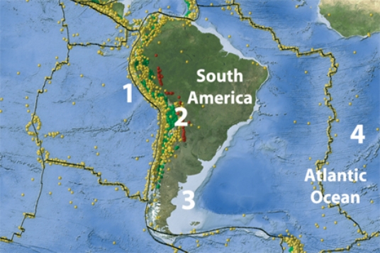 On this map of South America and adjacent areas, which site would have the deepest earthquakes?   A) 1, the oceanic trench B) 2, below the magmatic belt C) 3, along a passive margin D) 4, in the middle of the Atlantic Ocean E) Both 1 and 2.