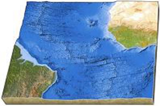On this map of the south Atlantic, why is the mid-ocean ridge in the center of the ocean?   A) Subduction is consuming seafloor beneath both adjacent continents. B) Seafloor is added to both sides during seafloor spreading. C) Subduction has occurred under one and then another of the adjacent continents. D) Seafloor spreading has stopped in this area.