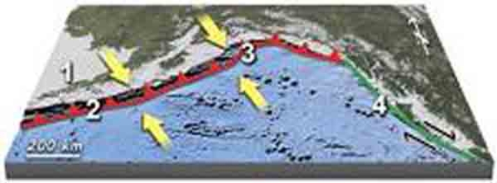 This figure shows plate boundaries south of Alaska.Which location is along a convergent boundary?   A) 1 B) 2 C) 3 D) 4 E) 2 and 3
