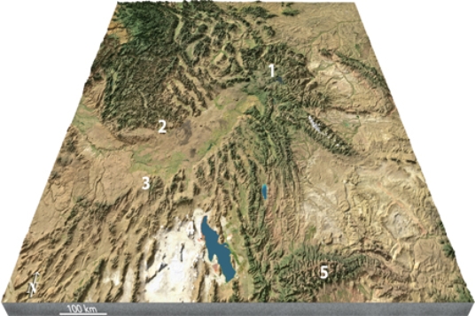 On this map of the area around Yellowstone, which feature is interpreted to record the position of the hot spot over time?   A) 2, the Snake River Plain B) 3, the Uinta Mountains C) 4, the Bonneville Salt Flats D) All of these.