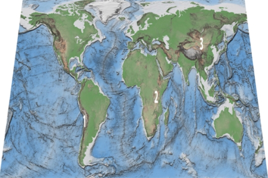 Which of these regions is high because of a continental collision?   A) 1, Andes of South America B) 2, East Africa Rift C) 3, Tibet D) None of these.