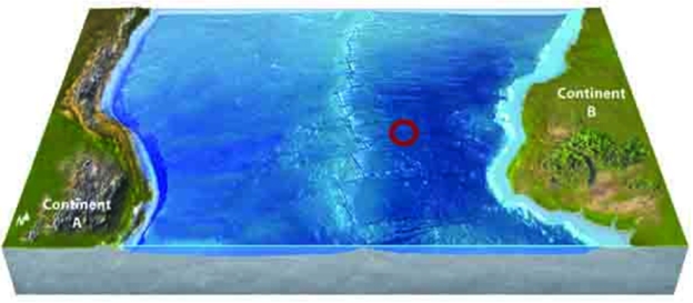 Use your knowledge of plate boundaries to answer whether an earthquake is likely or unlikely to occur at the location of the red circle.   A) likely B) unlikely