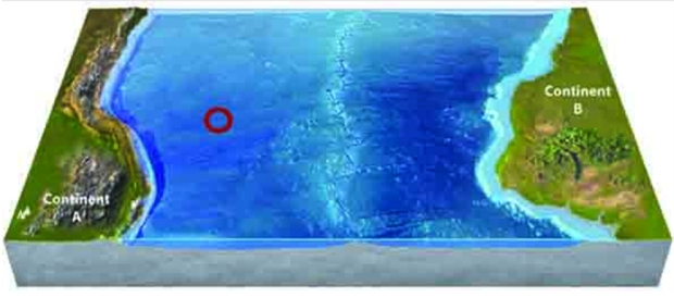 Use your knowledge of plate boundaries to answer whether an earthquake is likely or unlikely to occur at the location of the red circle.   A) likely B) unlikely