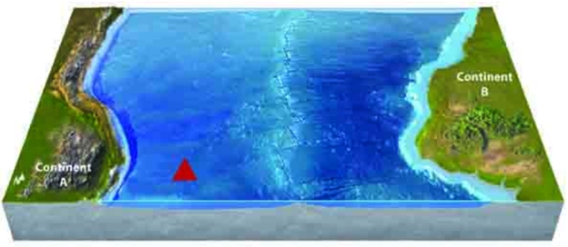 Use your knowledge of plate boundaries to answer whether a volcano is likely or unlikely to form at the location of the red triangle.   A) likely B) unlikely
