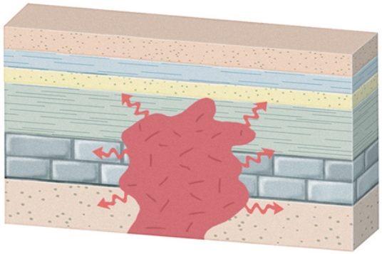 The type of metamorphism that would occur in this setting is   A) regional metamorphism. B) contact metamorphism. C) subduction. D) thrust faulting.