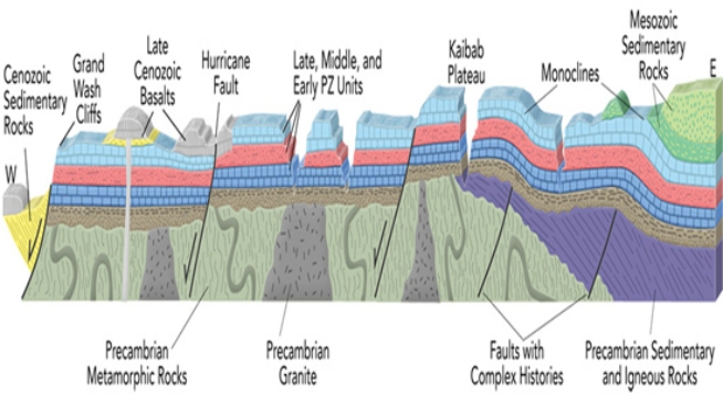 From this cross section of the Grand Canyon, what is the boundary between the various Precambrian rocks and the Paleozoic sedimentary units?   A) It is a depositional contact, probably representing only a short period of geologic time. B) It is an angular unconformity in most places and a nonconformity where it overlies granite. C) It generally is an unconformity and represents more time in the right part of the diagram than in the left part of the diagram. D) All of these.