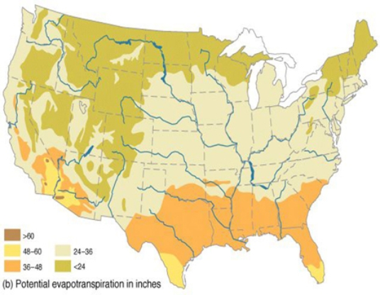 The map below depicts the annual amount of   A)  precipitation in inches. B)  potential evapotranspiration in inches. C)  humidity in percent. D)  runoff in cubic meters.