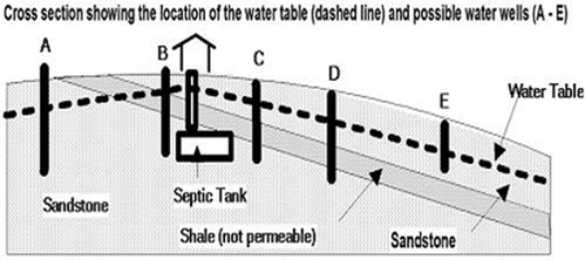 This cross section shows the location of a septic tank with harmful bacteria and 5 wells.Which well is least likely to become contaminated?   A)  well A B)  well B C)  well C D)  well D E)  well E