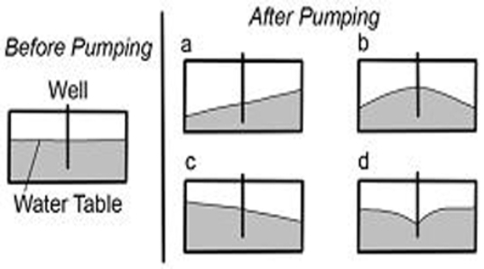 This figure shows a new well that will pump out groundwater faster than it can be replaced.What will the water table look like after pumping?   A)  A B)  B C)  C D)  D
