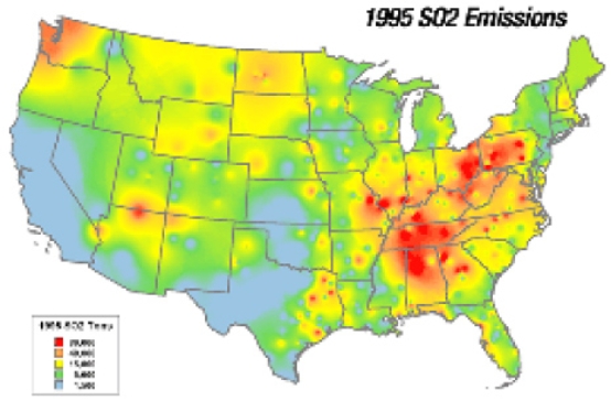 The SO<sub>2</sub> emissions displayed in this map derive mainly from the   A) automobile emissions from point sources. B) automobile emissions from non-point sources. C) burning of coal from point sources. D) burning of coal from non-point sources.