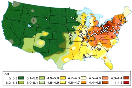 In comparing the distribution of acid rain and ozone pollution     A) California suffers from the high levels of ozone pollution but not highest levels of acid rain. B) the Gulf Coast suffers from the highest levels of ozone pollution and the highest levels of acid rain. C) the East Coast has the lowest levels of ozone pollution and acid rain.