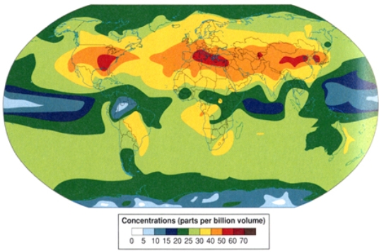 In comparing the distribution of acid rain and ozone pollution     A) California suffers from the high levels of ozone pollution but not highest levels of acid rain. B) the Gulf Coast suffers from the highest levels of ozone pollution and the highest levels of acid rain. C) the East Coast has the lowest levels of ozone pollution and acid rain.