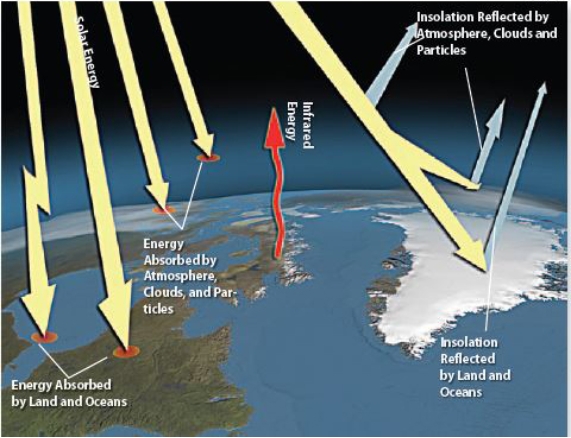 Pictured here is a model of how the atmosphere is heated.Which arrow represents heating of the earth's atmosphere by long wave radiation?   A) insolation reflected by land B) insolation reflected by clouds C) energy absorbed by land D) infrared energy emitted by land