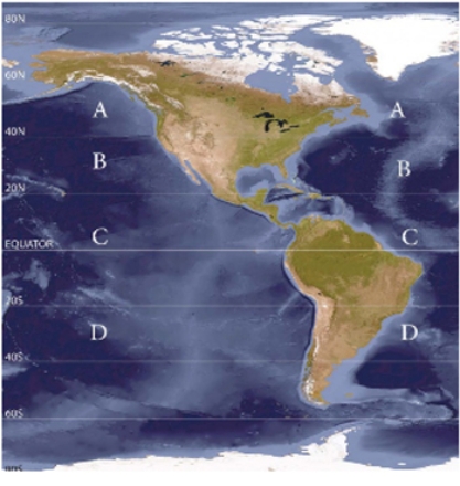 Where on the map is the center of high pressure influencing ocean currents with a counterclockwise circulation?   A)  A B)  B C)  C D)  D