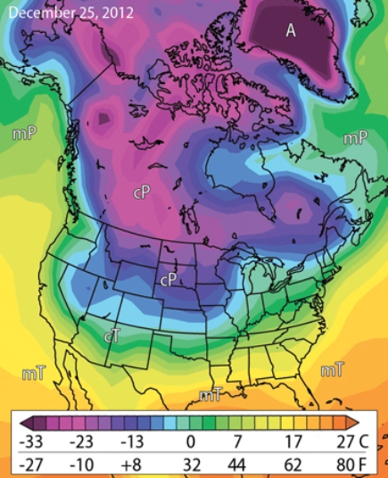 Which of the following air masses pictured here is typically unstable, with cold air overlying warm air? The westerlies often push this cool, damp wind of this air mass eastward.   A)  cT B)  cP C)  mP D)  mT