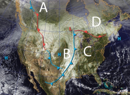 Find the largest front located north of the Great Lakes on the map.The likely air mass to the south of the this front is a _______ mass which is likely to be __________ than the air mass to the north.   A)  mP; moister B)  cP; drier C)  cP; moister D)  mT; moister