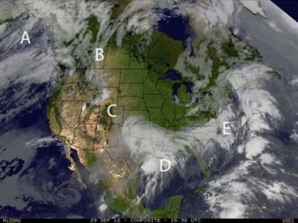 Which of the following locations would spawn a storm track known as a  Noreaster  that is difficult to forecast and can bring heavy snow?   A)  A B)  B C)  C D)  D E)  E