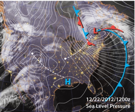 Which of the following best explains for the Mid-latitude cyclone tracking to the northeast and strengthening?   A)  upper air accelerating and converging B)  upper air slowing and diverging C)  upper air accelerating and diverging D)  surface level winds accelerating and diverging