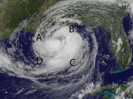 Where will the storm surge be greatest for this cyclone or hurricane making land fall in Louisiana?   A)  A B)  B C)  C D)  D
