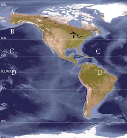 Which of the following locations would have the highest specific humidity?   A) A B) B C) C D) D