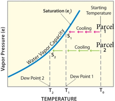 Consider the characteristics of two parcels of air starting at T<sub>0</sub>.Which of the following statements is true regarding parcel of air 1 and parcel of air 2?   A) Parcels 2 and 1 have the same amount of water vapor in order to reach saturation B) Parcel 2 has less water vapor than 1 and will need to cool more than 1 to reach saturation C) Parcel 2 has more water vapor than 1 and will need to cool more than 1 to reach saturation D) Parcel 2 is warmer than 1 and will need to cool more than 1 to reach saturation